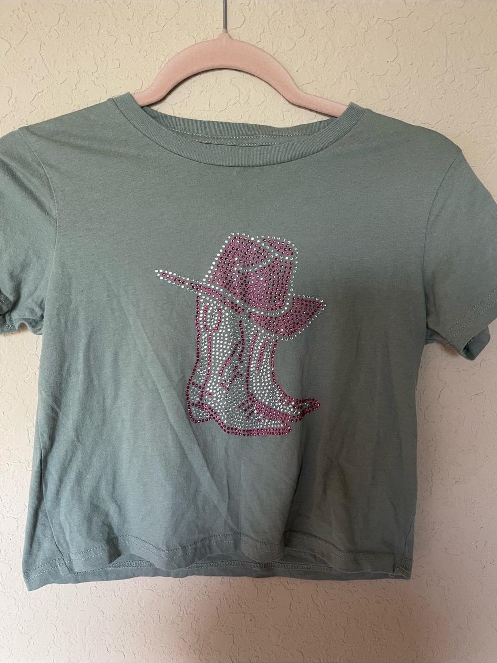 Sage Green Rhinestone Cowboy Boot Crop Tee